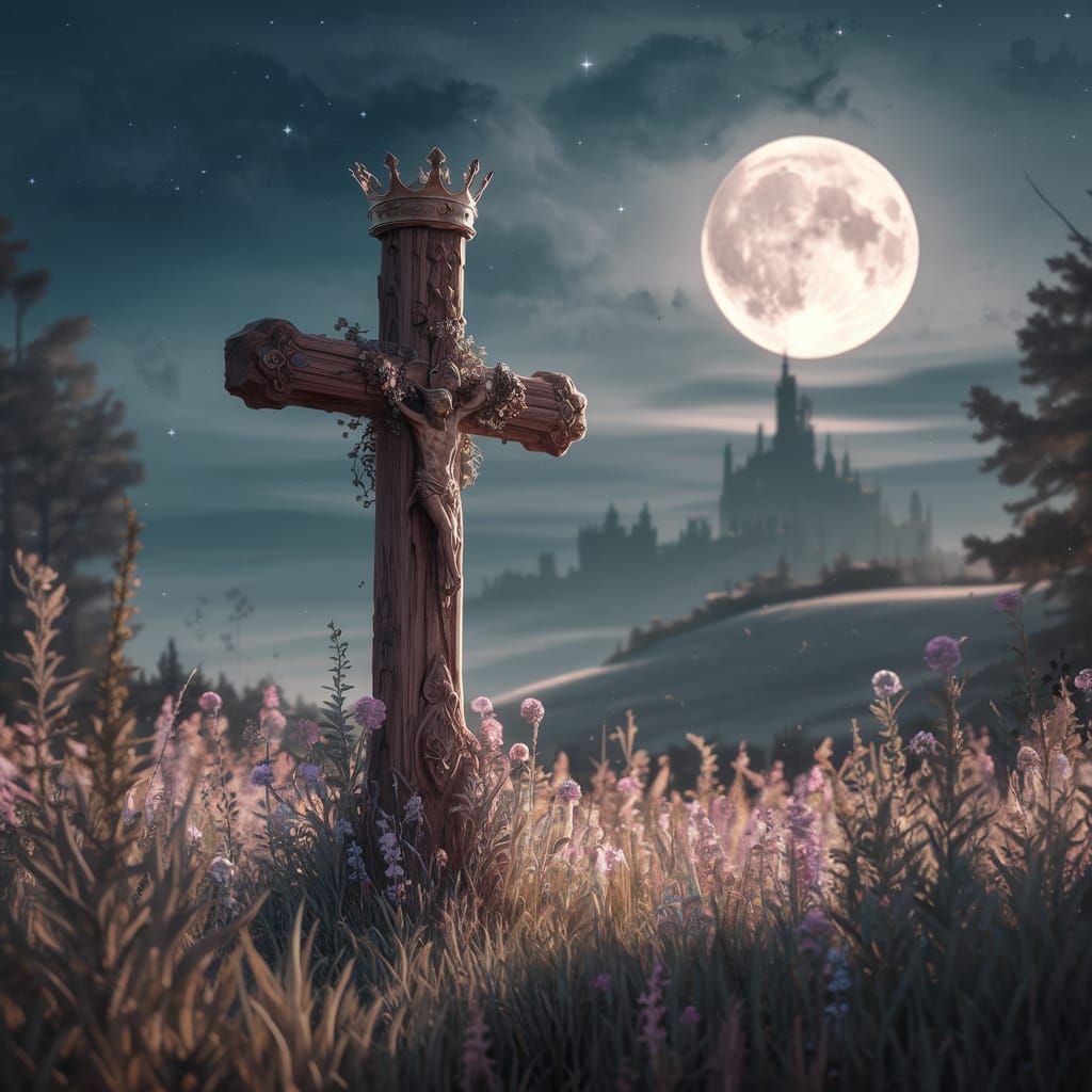 Moonlit Cross with Crown in Flower Field