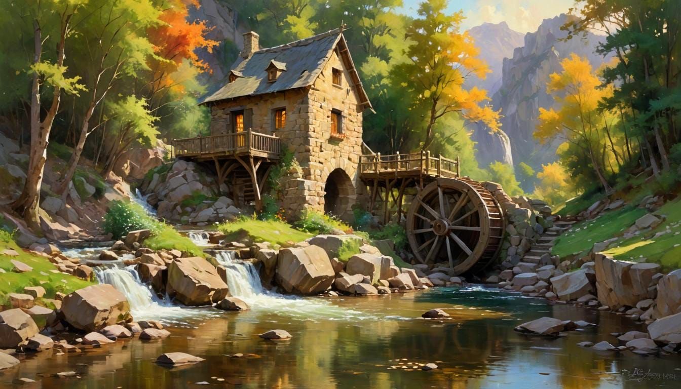 Ancient Waterwheel in a Medieval Cottage Scene, in Impressio...