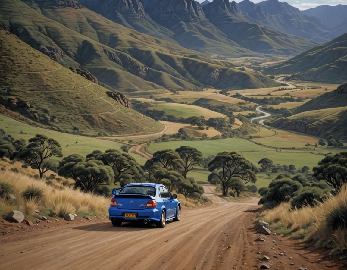 Subaru WRX in Drakensberg, Pierneef Style Oil Painting