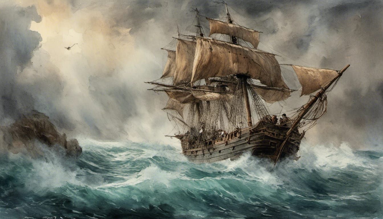 Pirate Ship on Stormy Seas in Watercolor Style