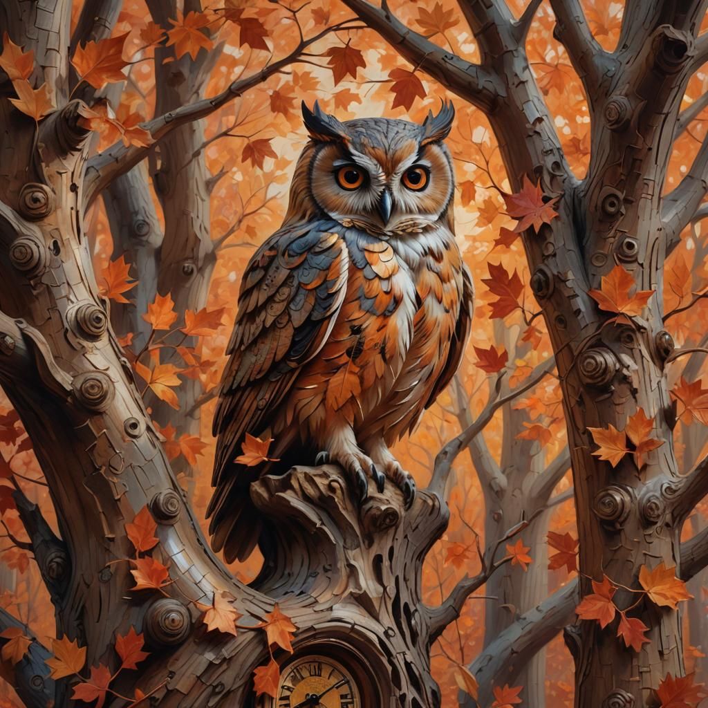 intricate wood carving of an owl inside tree+trunk in autumn...