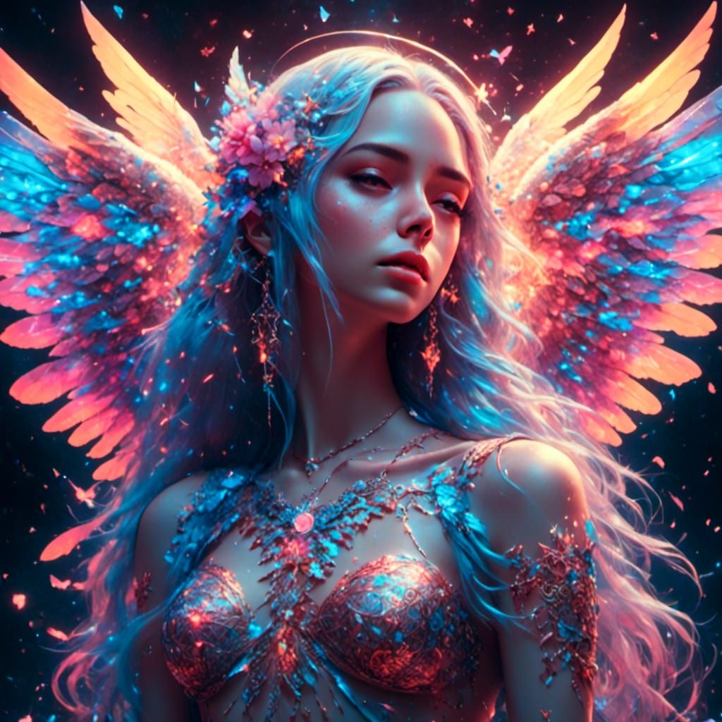 Detailed Angel with Four Wings in Splash Art Style