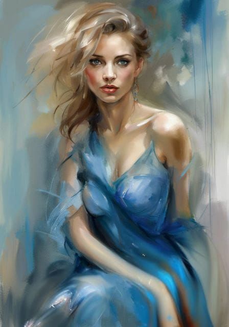 Elegant Woman in Blue, in Modern Romanticism Style