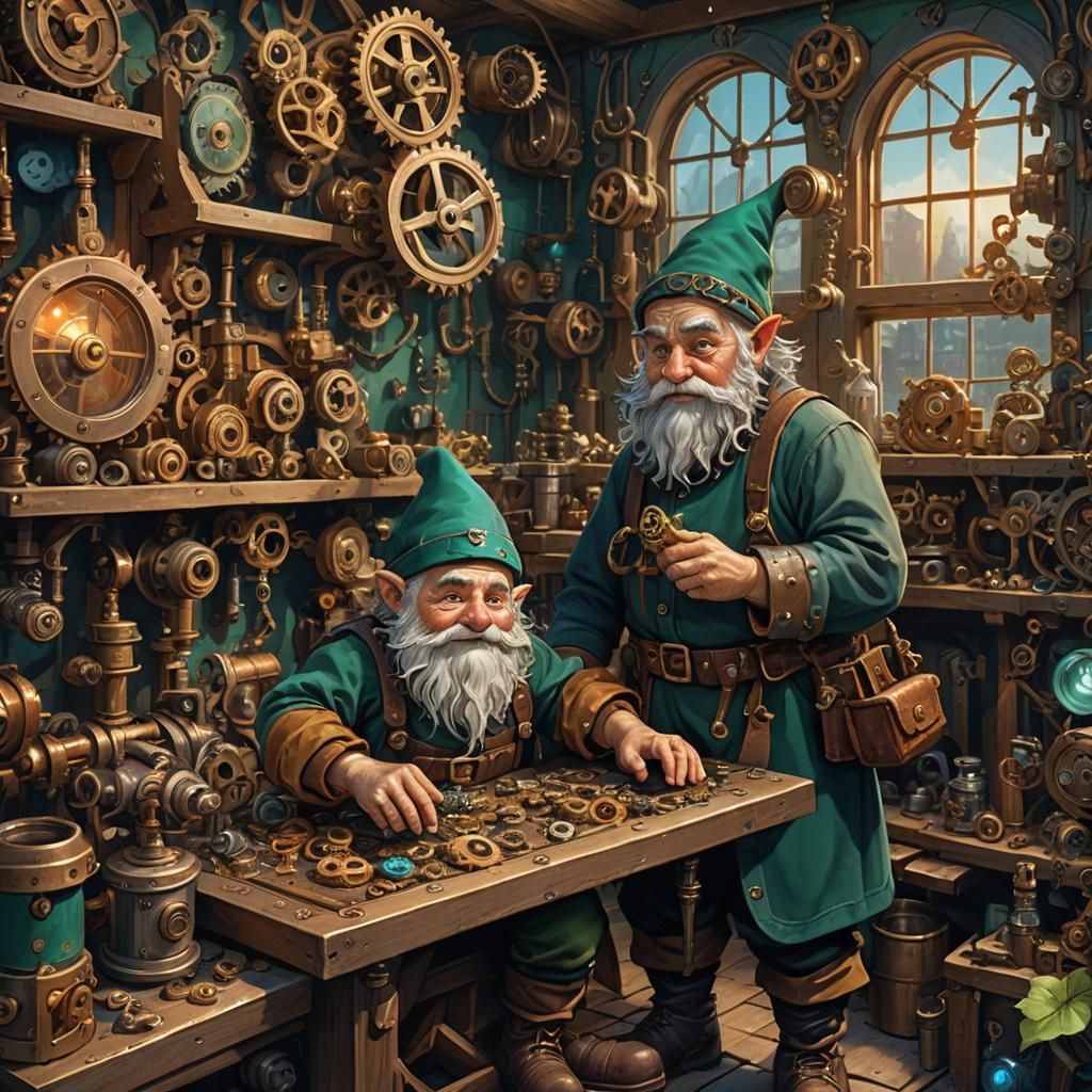Gnome Inventor's Workshop: A Medieval Fantasy Scene
