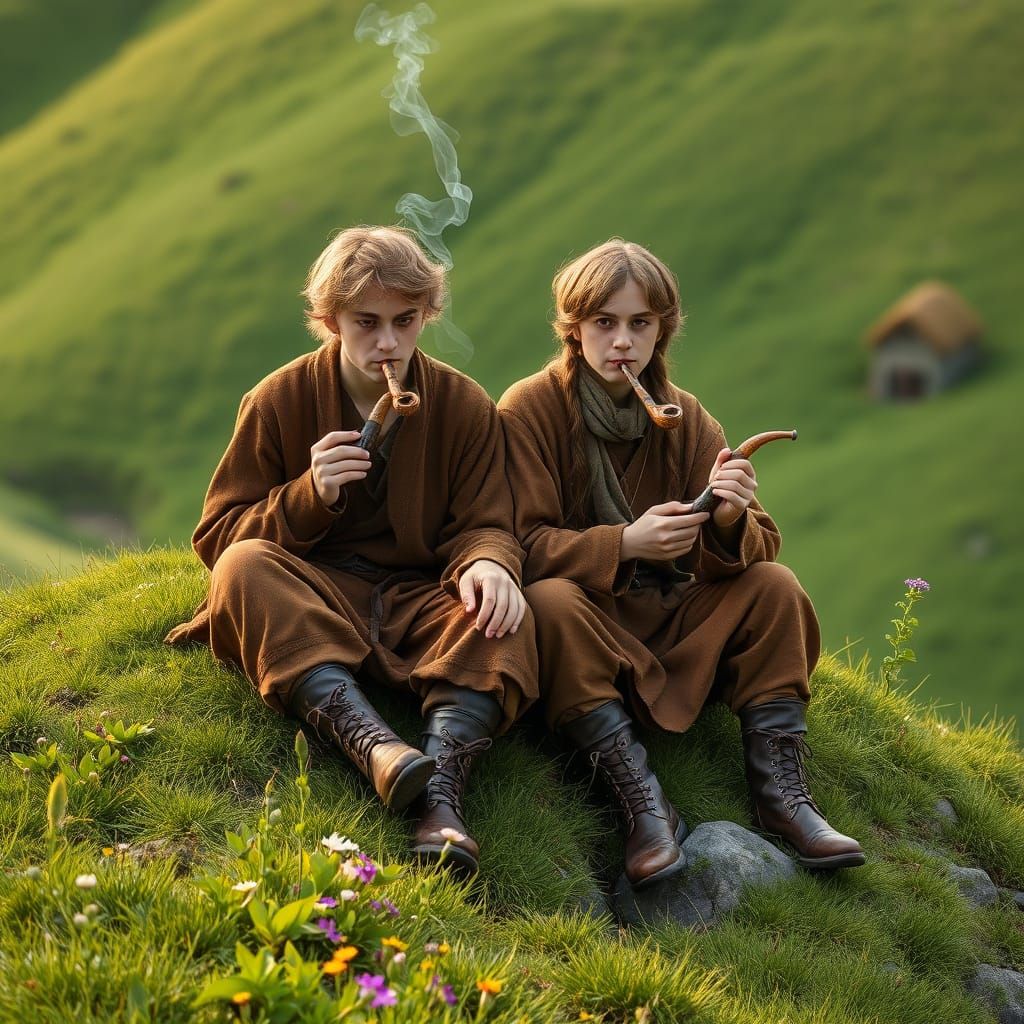 Hobbit Men Relaxing on Green Hillside in Whimsical Style