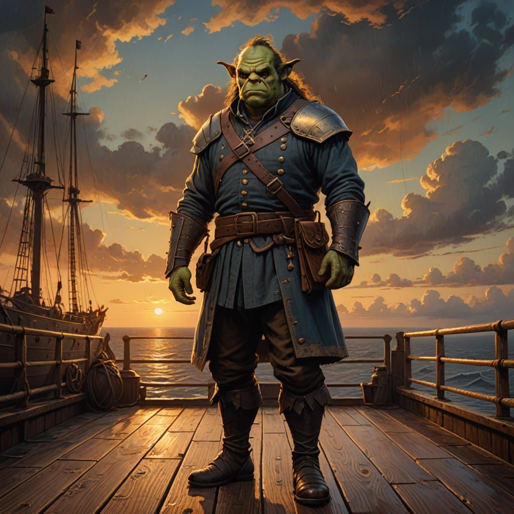 Half-Ogre on a Sunset Ship Deck in Moody Golden Hour