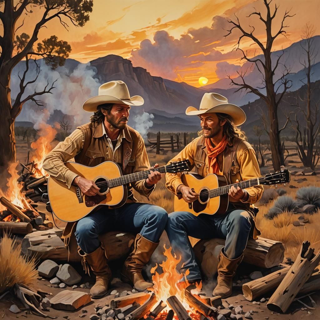 Cowboys at Campfire in Earthy Realism Style