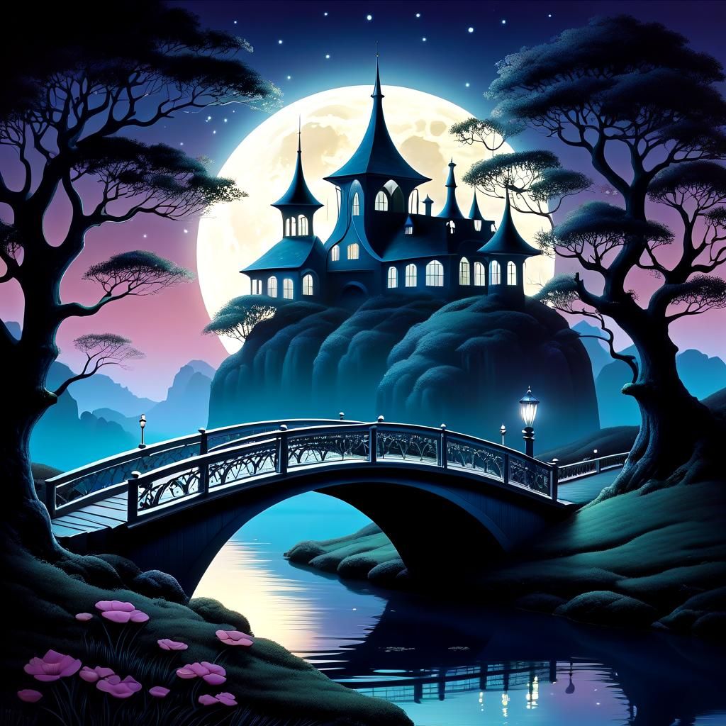Magical Cel-Shaded Moonlight Bridge: Surreal Dreamscape