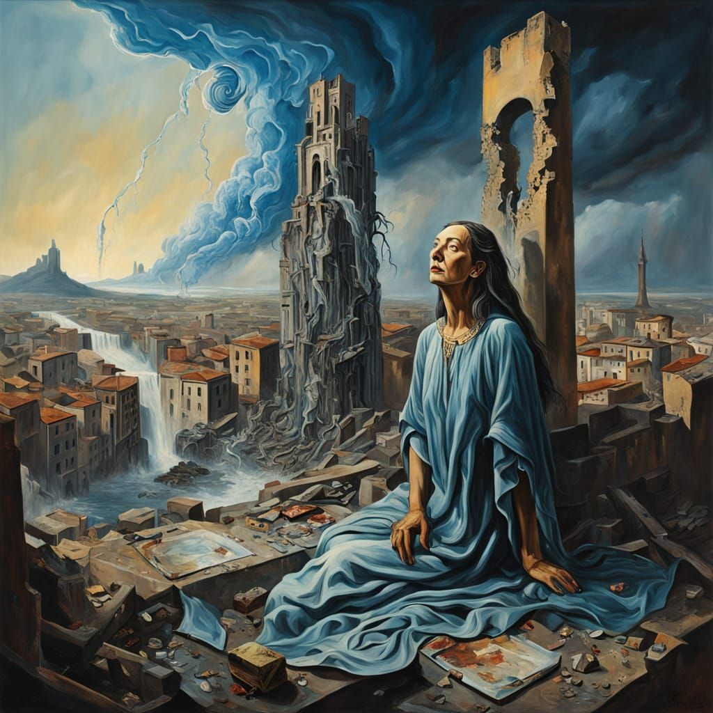 Surreal Weeping Woman Dominates Ruined Cityscape in Hyperrea...