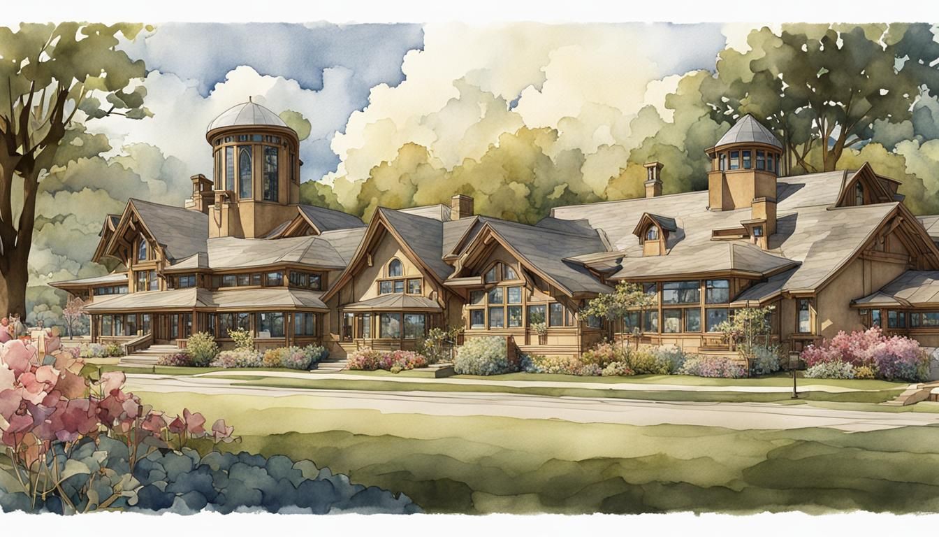 Futuristic Wisconsin Village: Art Nouveau Watercolor Illustr...