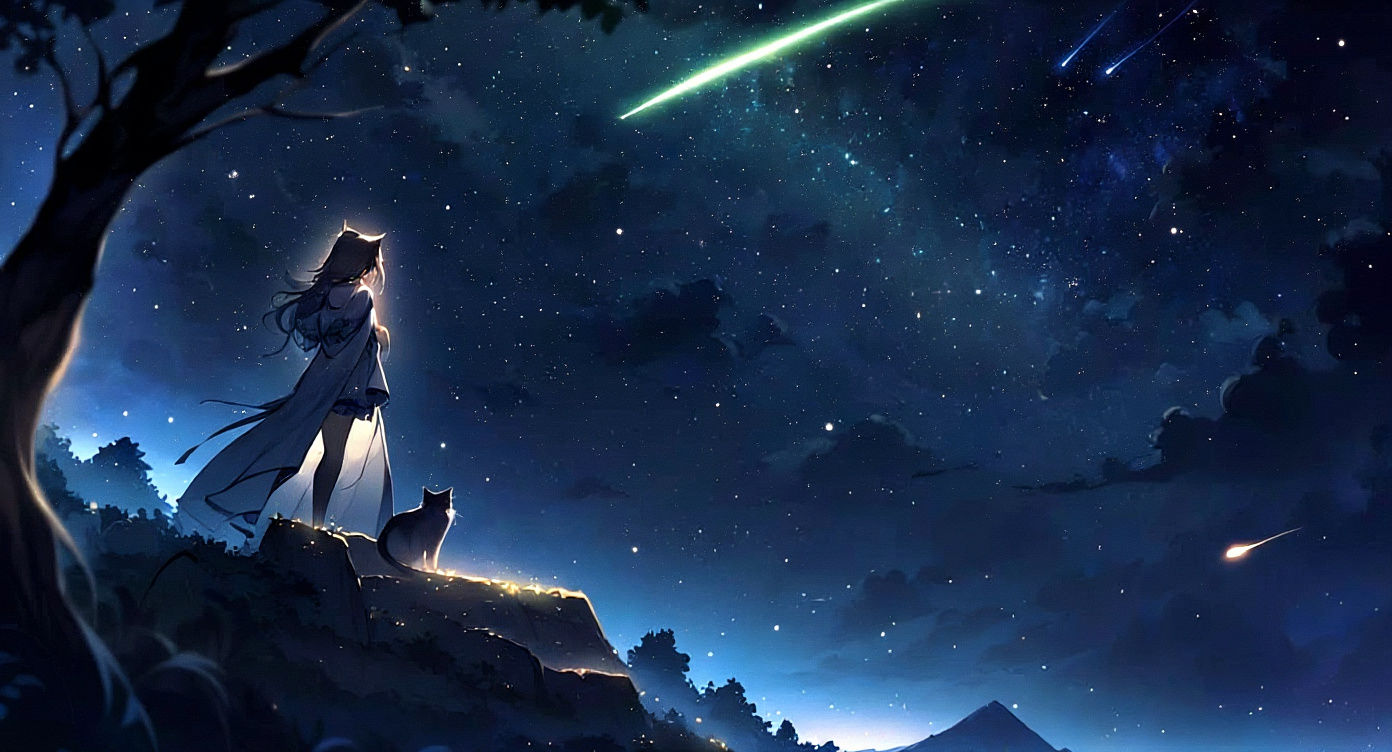 Catgirl Overlooking Starry Night Sky