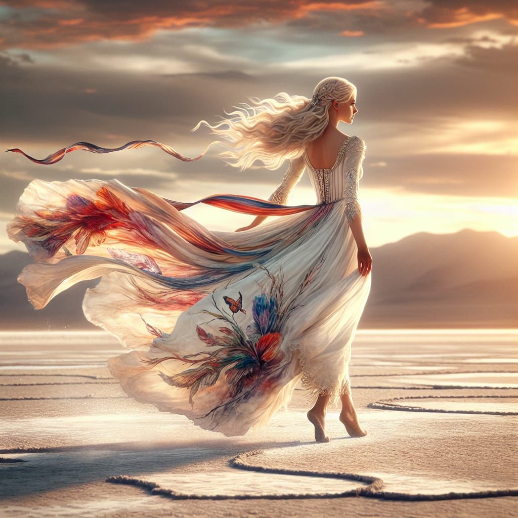 A blonde white woman with a long flowing white dress blowing in the breeze walking down the beach, watercolor scene, sun...