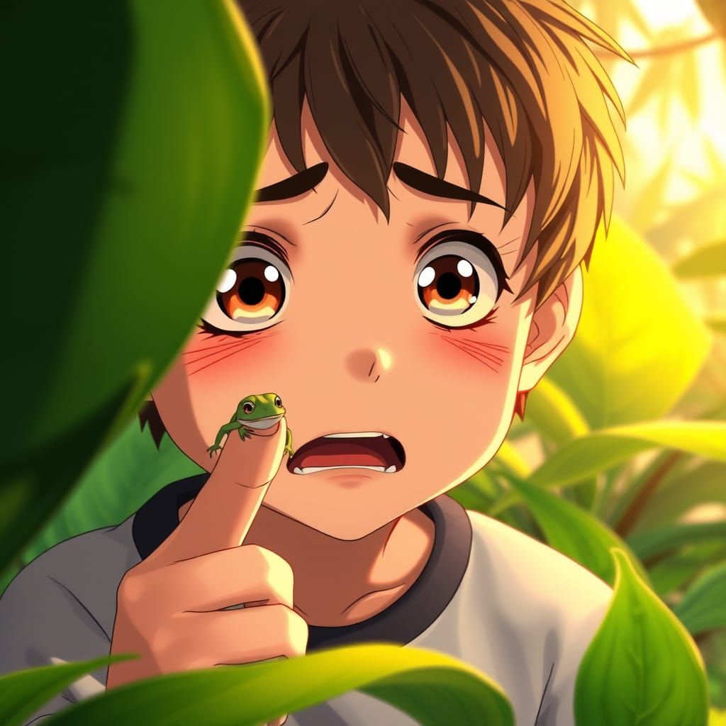 Anime Boy Surprised by Lizard Bite in Ghibli Style