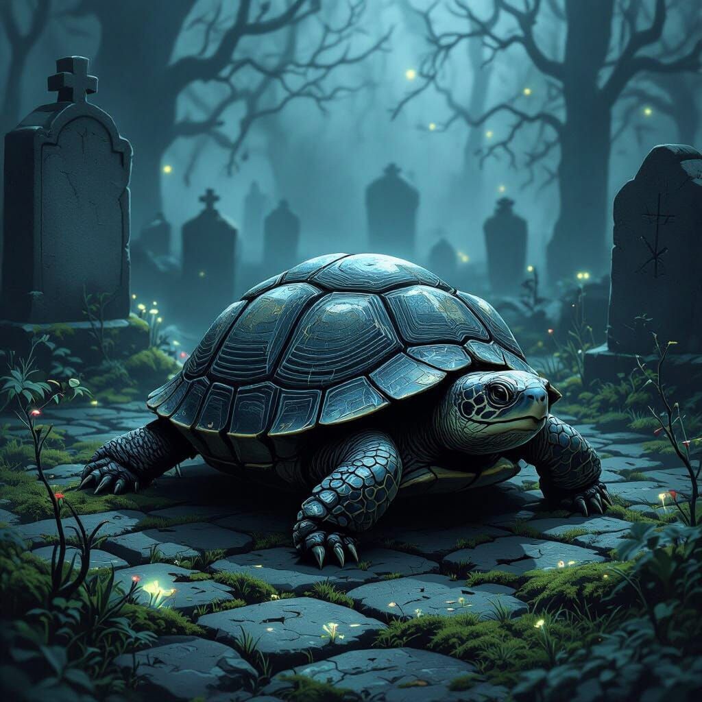 Lonely Turtle in Foggy Graveyard, Dark Fantasy Ink Illustrat...