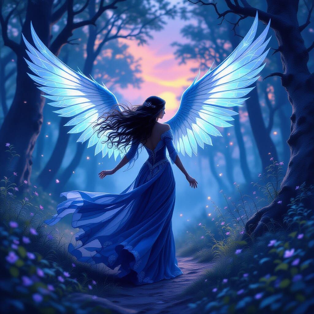 Woman Transforming into Thundermoth in Enchanted Forest