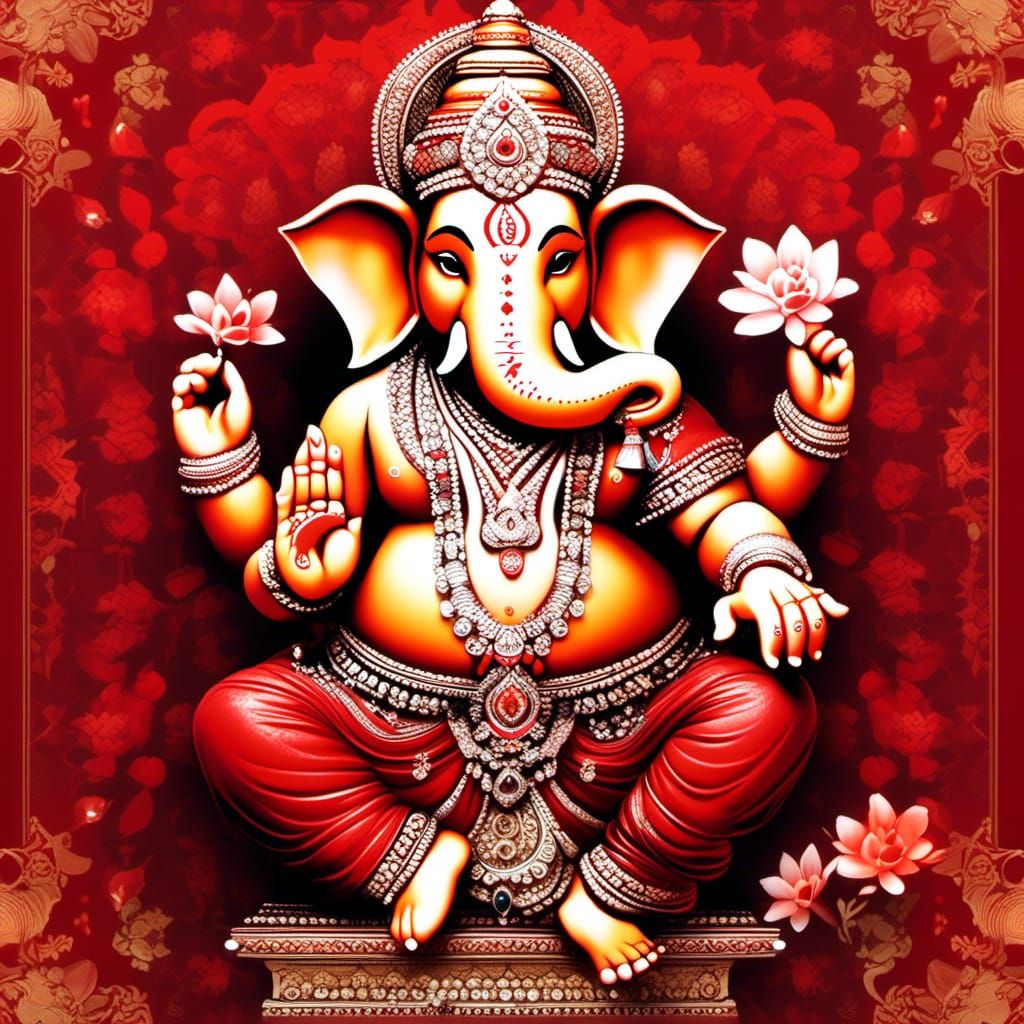 Red Lord Ganesha with Flowers and Jewelry