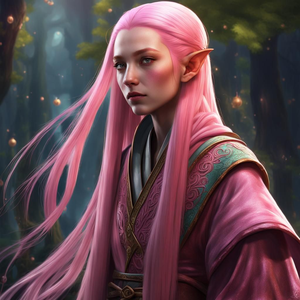 Pink-Haired Elf Girl in Monk's Robe: Fantasy Art