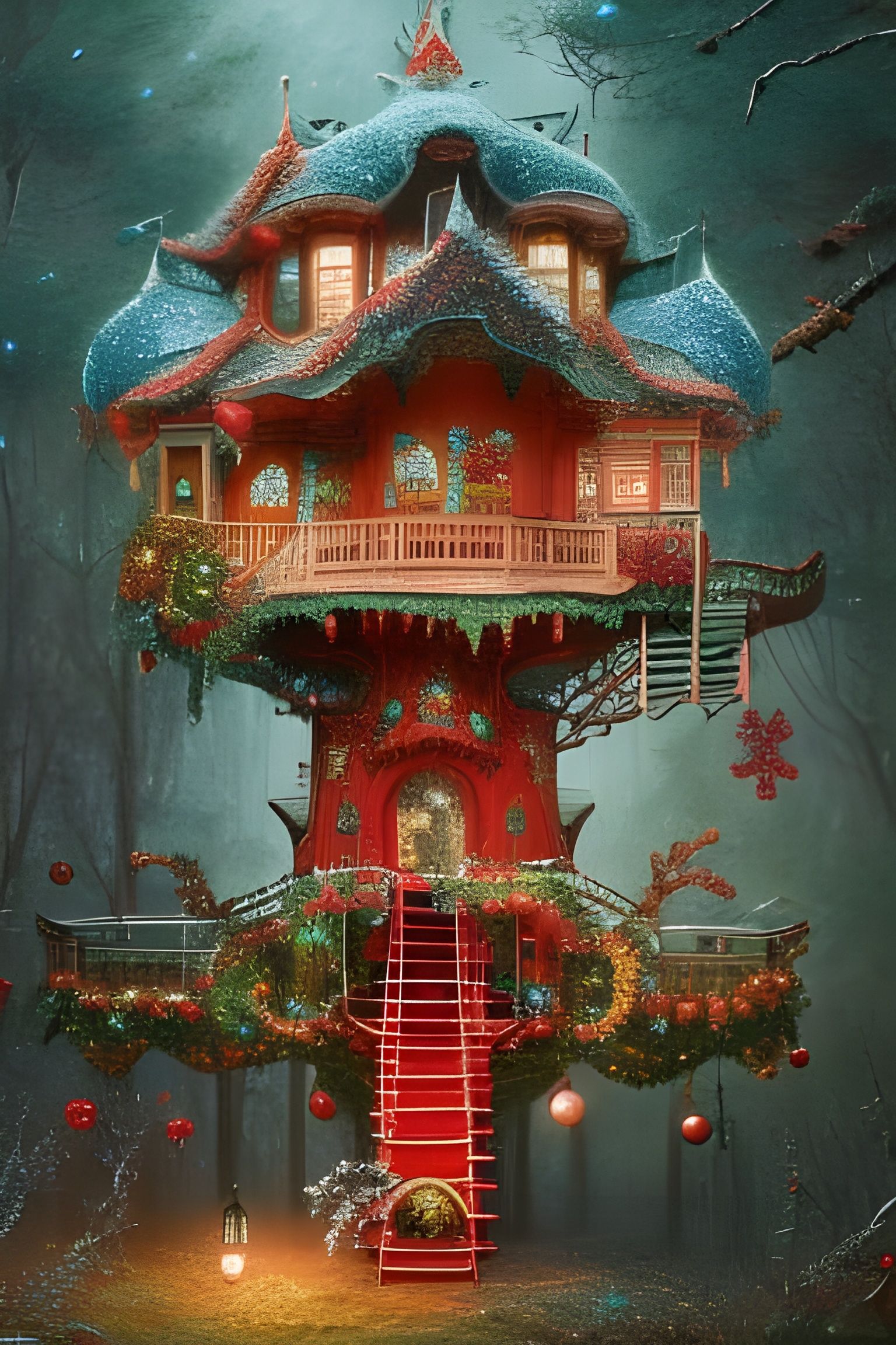 Elaborate Christmas Treehouse in Hyperdetailed Fantasy Art