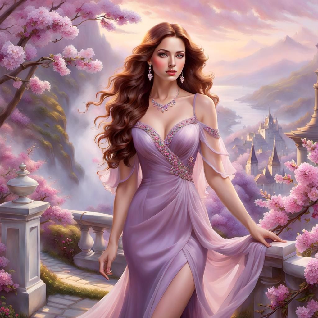 Young Woman in Lilac Dress in Spring Blossom
