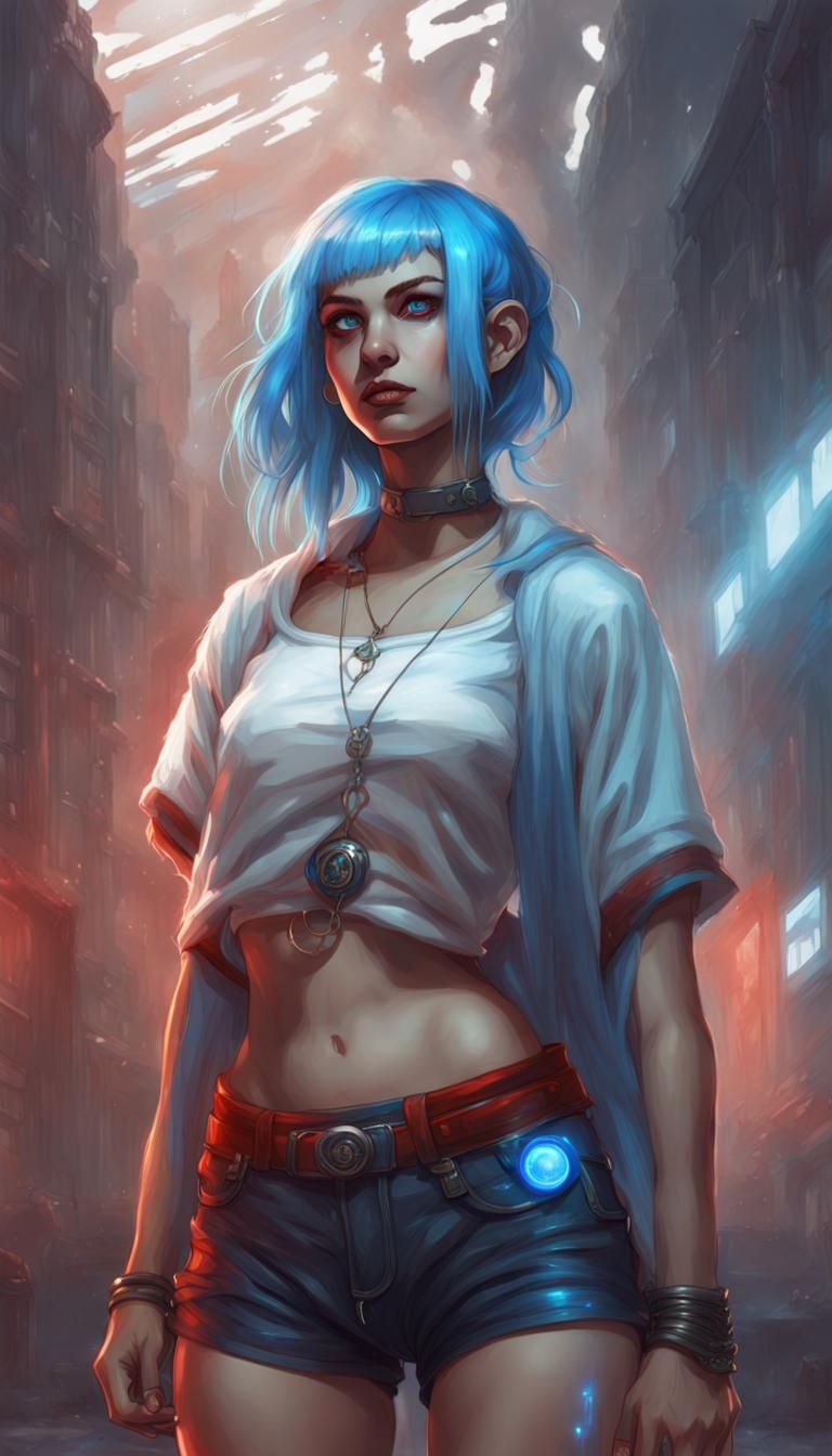 Cyberpunk Cleric with Flowing Blue Hair, Fantasy Portrait