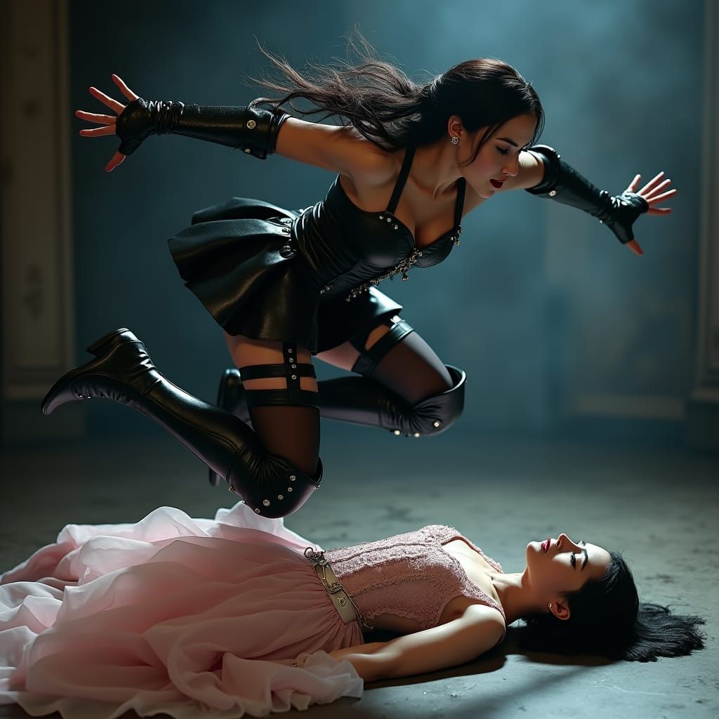 Snow White Leaps in Black Leather Armor