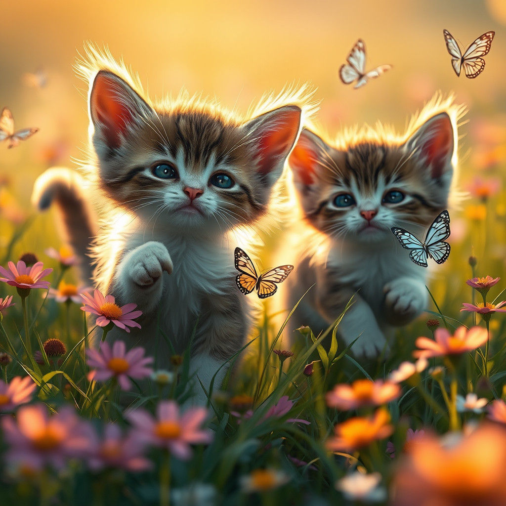 Kittens Frolic with Butterflies in Lush Meadow