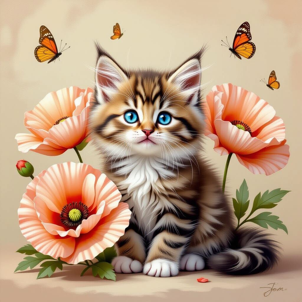 Kitten with Poppies in Hyperrealistic Style