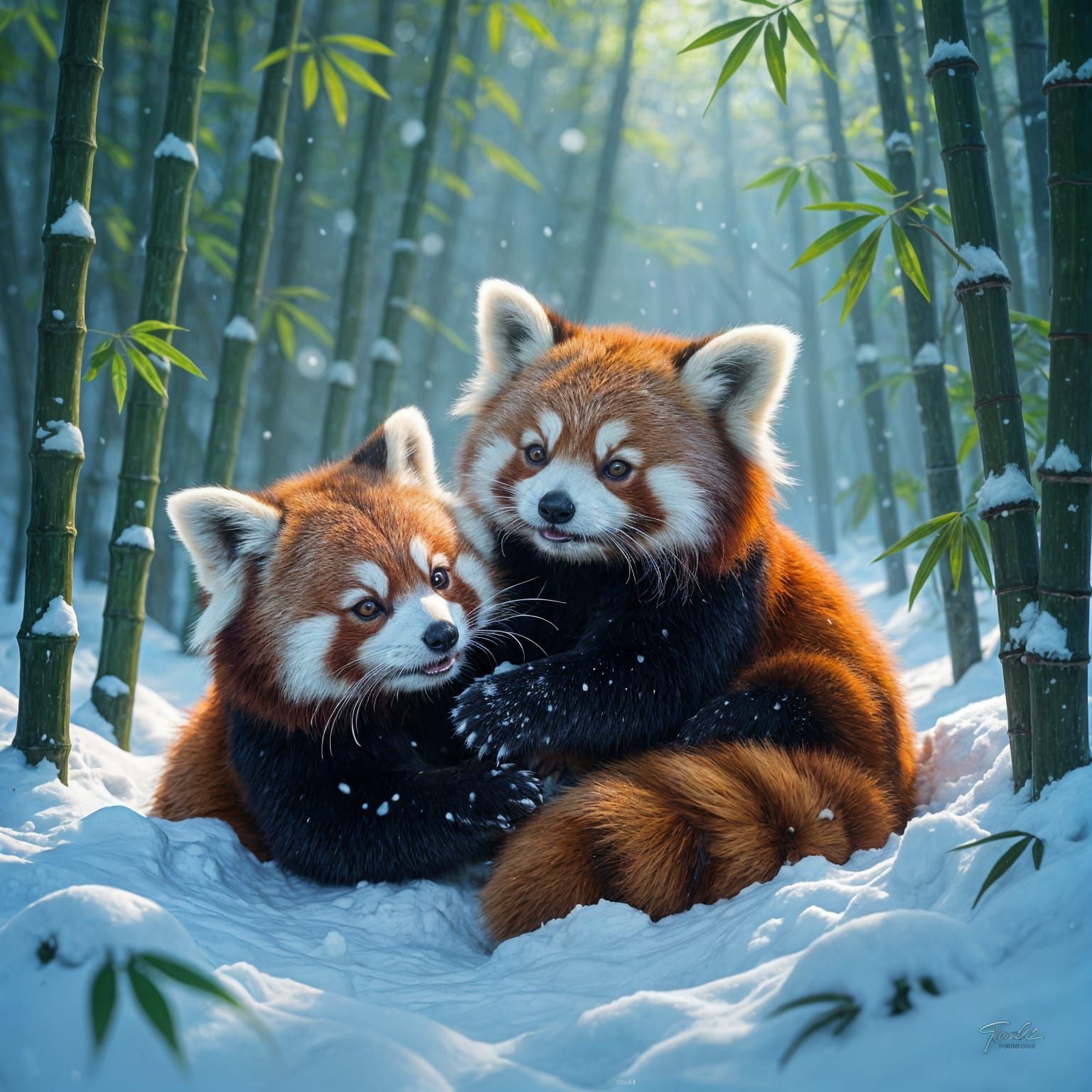 Red Pandas Play in Snowy Bamboo Forest