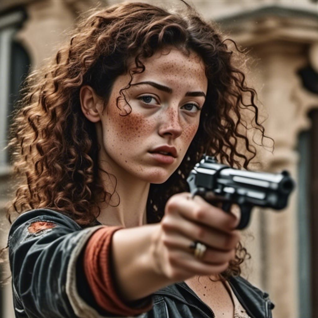 Ariadne Points a Pistol in Hyperrealistic Photo