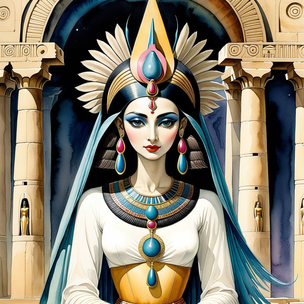 Anunnaki Sloth Deity in Egyptian Temple, Watercolor Art