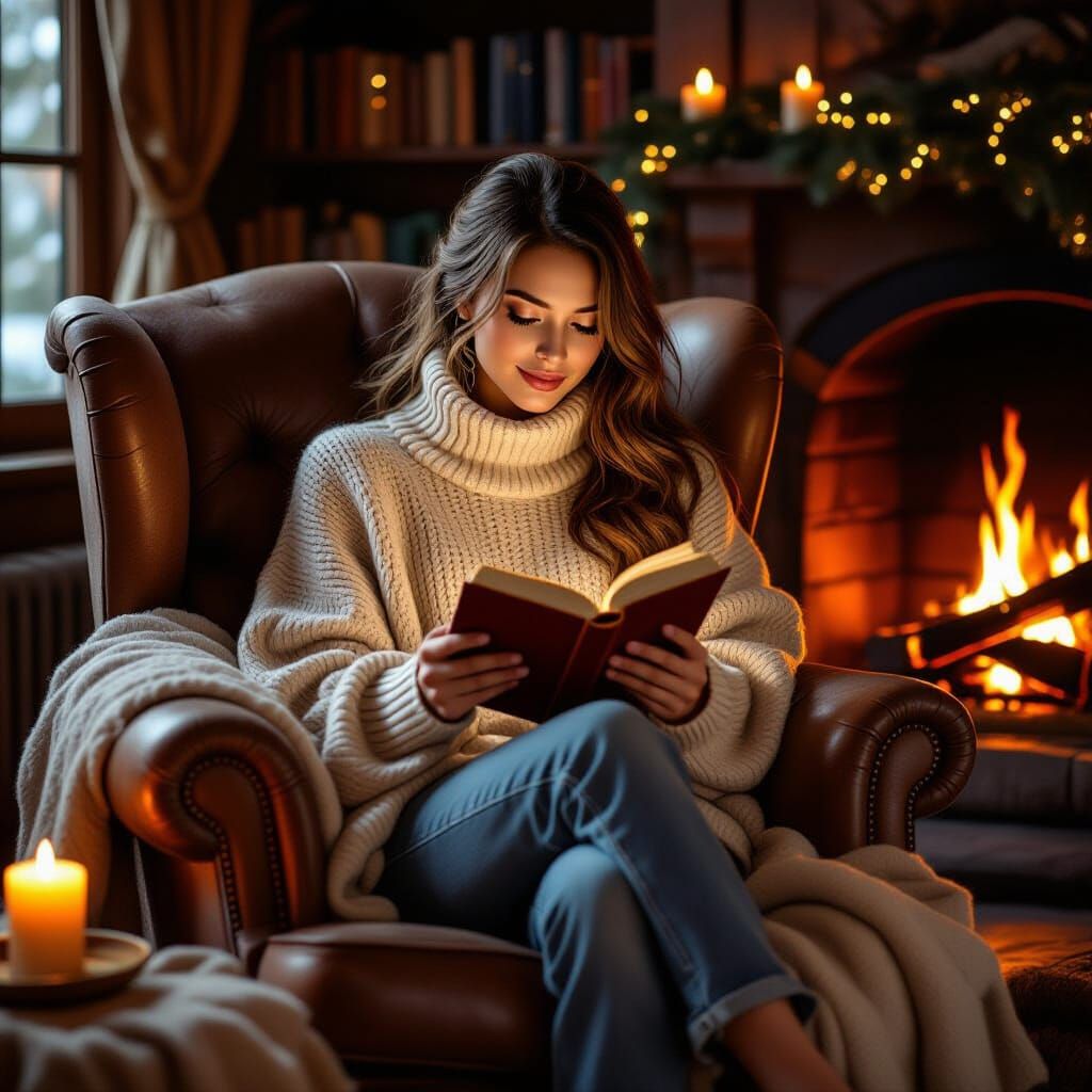 Cozy Reading Nook: Woman in Armchair by Fireplace