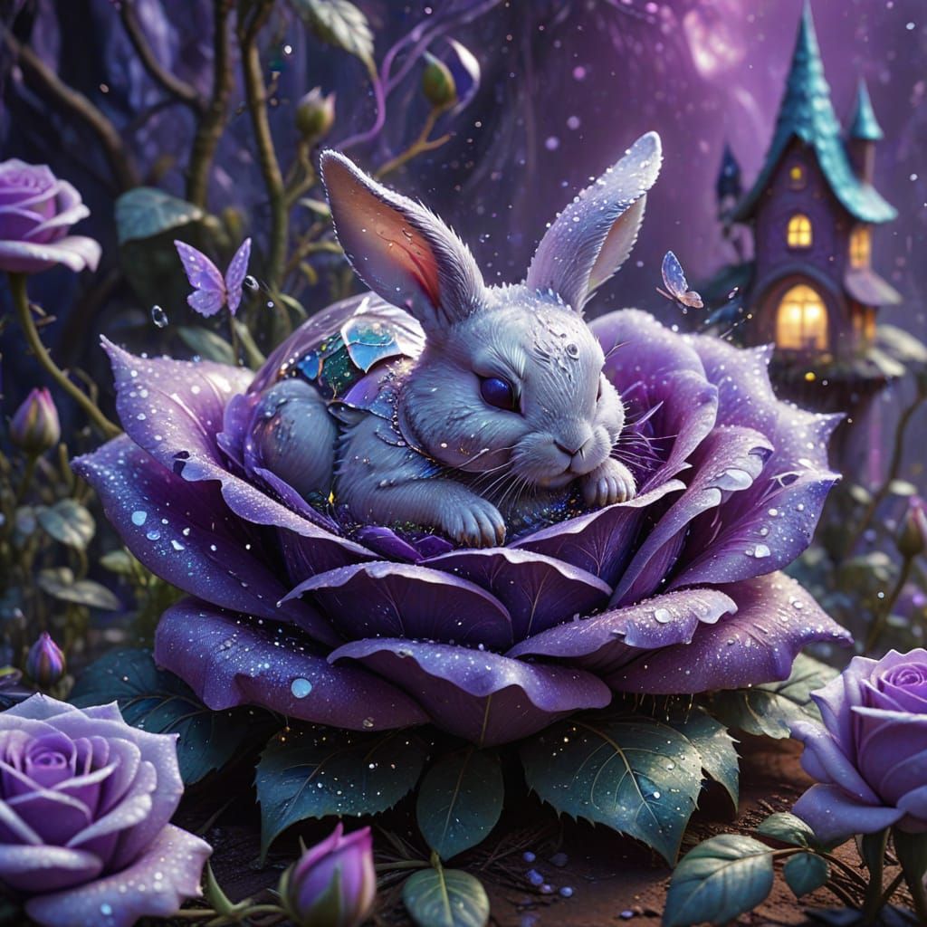 Sleeping Bunny in Giant Purple Rose Bud