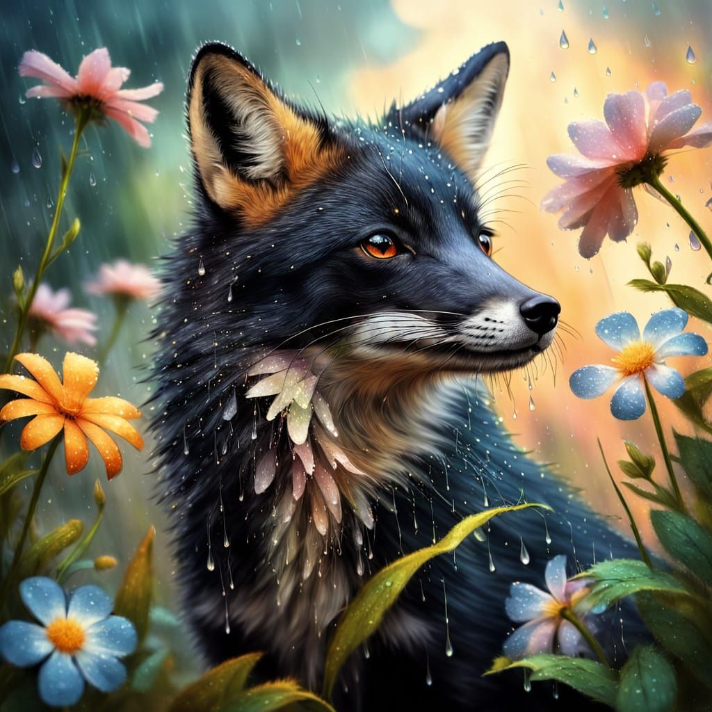 Adorable Black Fox in Summer Shower: Digital Art