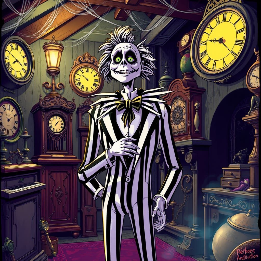 Ethereal Beetlejuice in Gothic Attic Setting