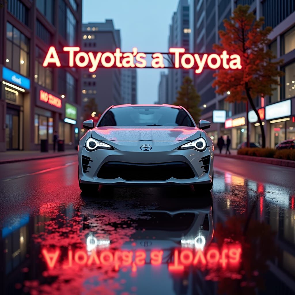 Neon Palindrome: A Toyota's Reflection at Dusk