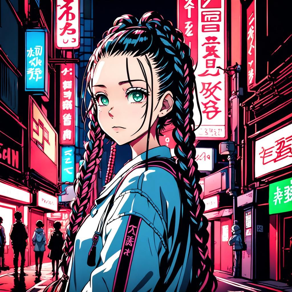 Anime Girl in Neon Tokyo Street Scene