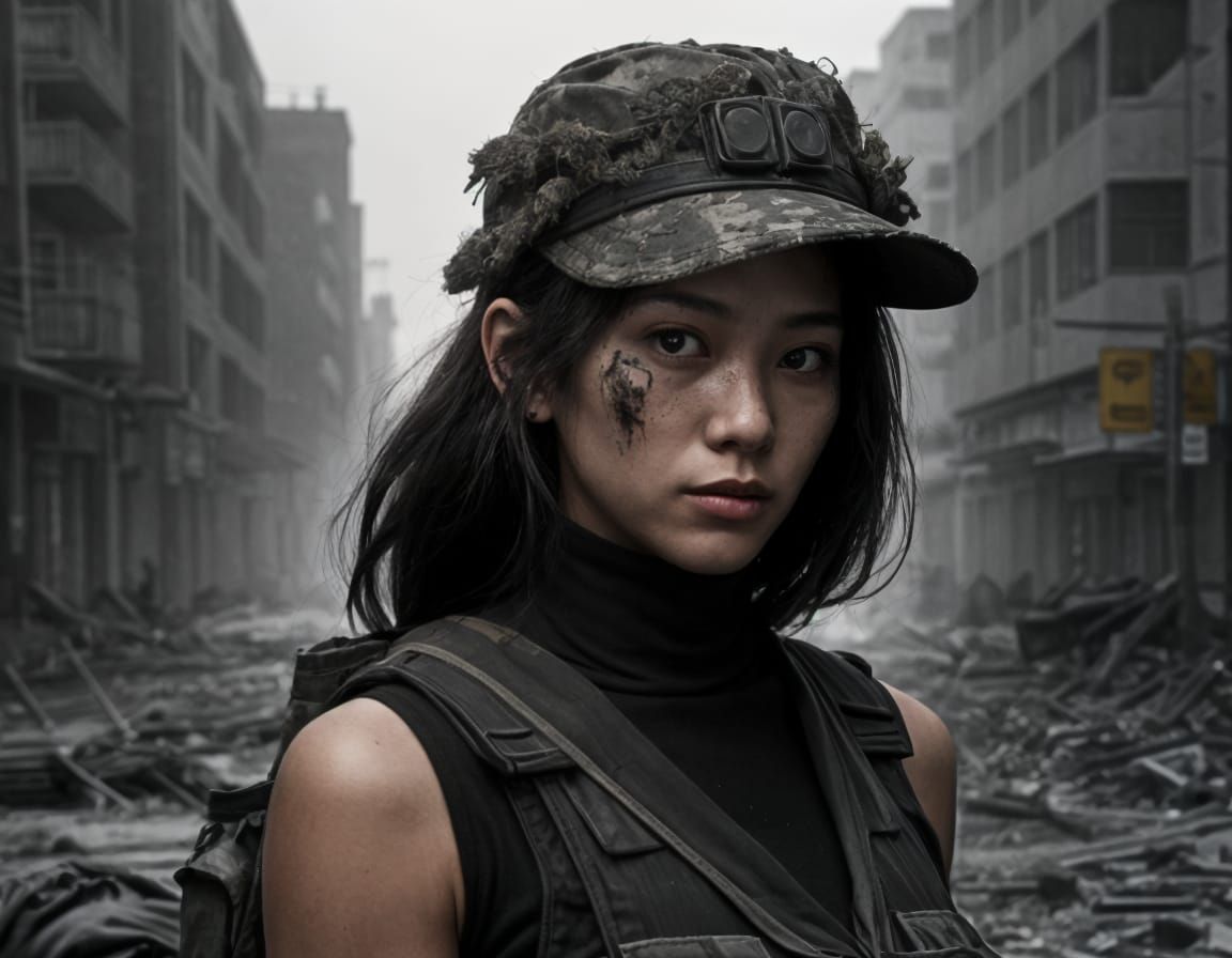 Dystopian City Street: Korean Woman in War Zone
