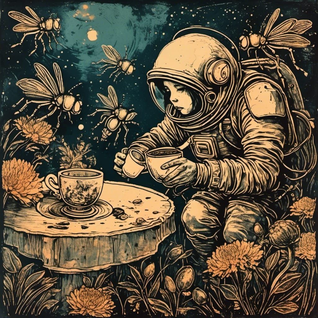 Astronaut's Alien Tea Party with Curious Bugs