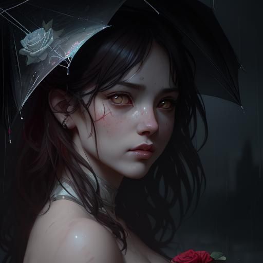 Chibi Sad Cat with Rose in Rain