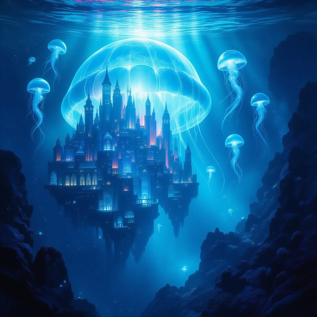 Bioluminescent Jellyfish City With Merfolk in Deep Sea