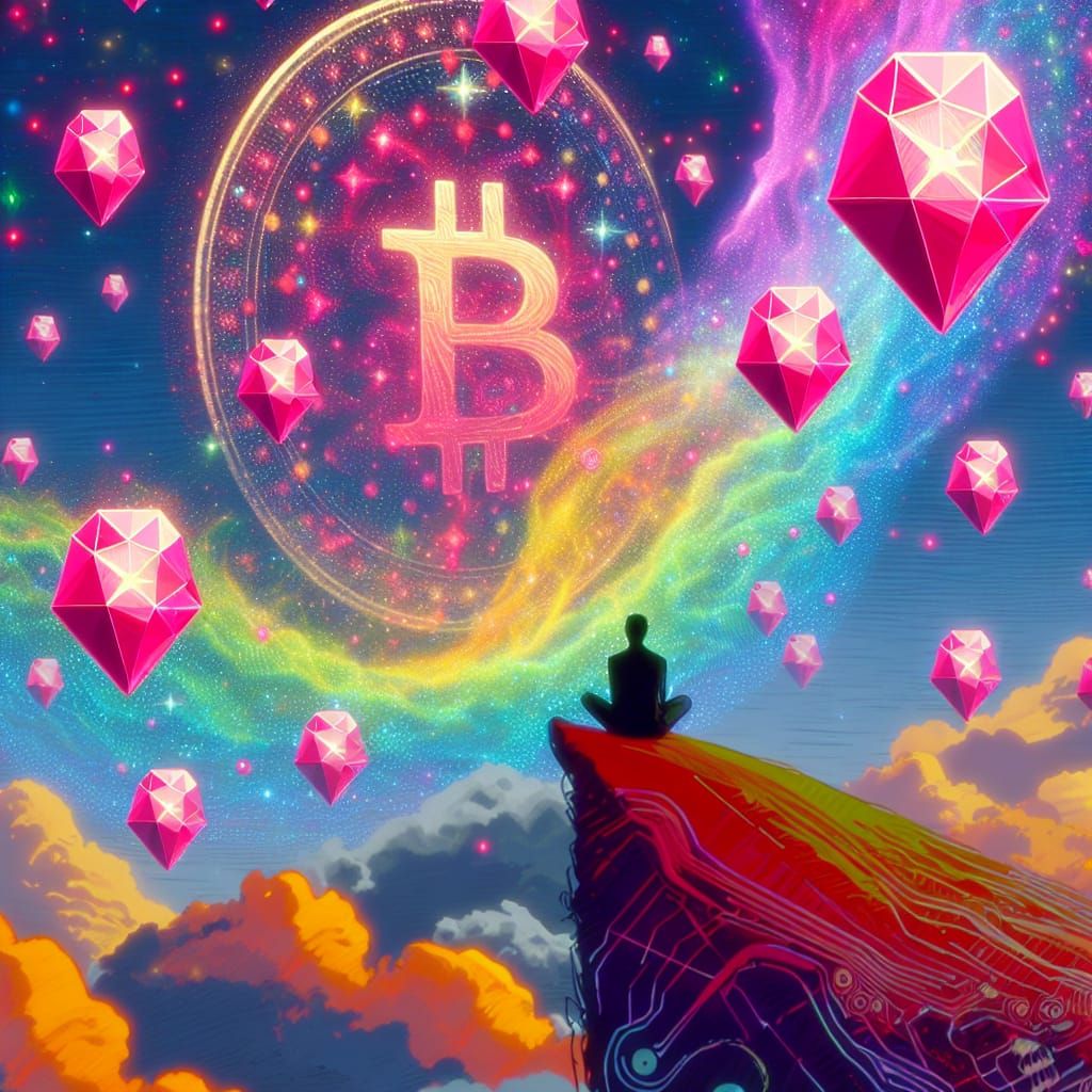 Pink Gems Ascend in Psychedelic Bitcoin Sky
