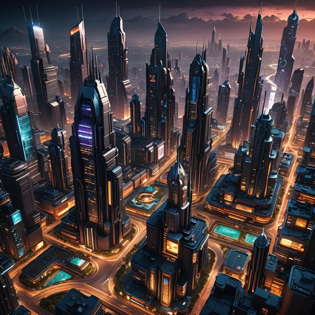 Futuristic Tech City at Night in Detailed Matte Painting