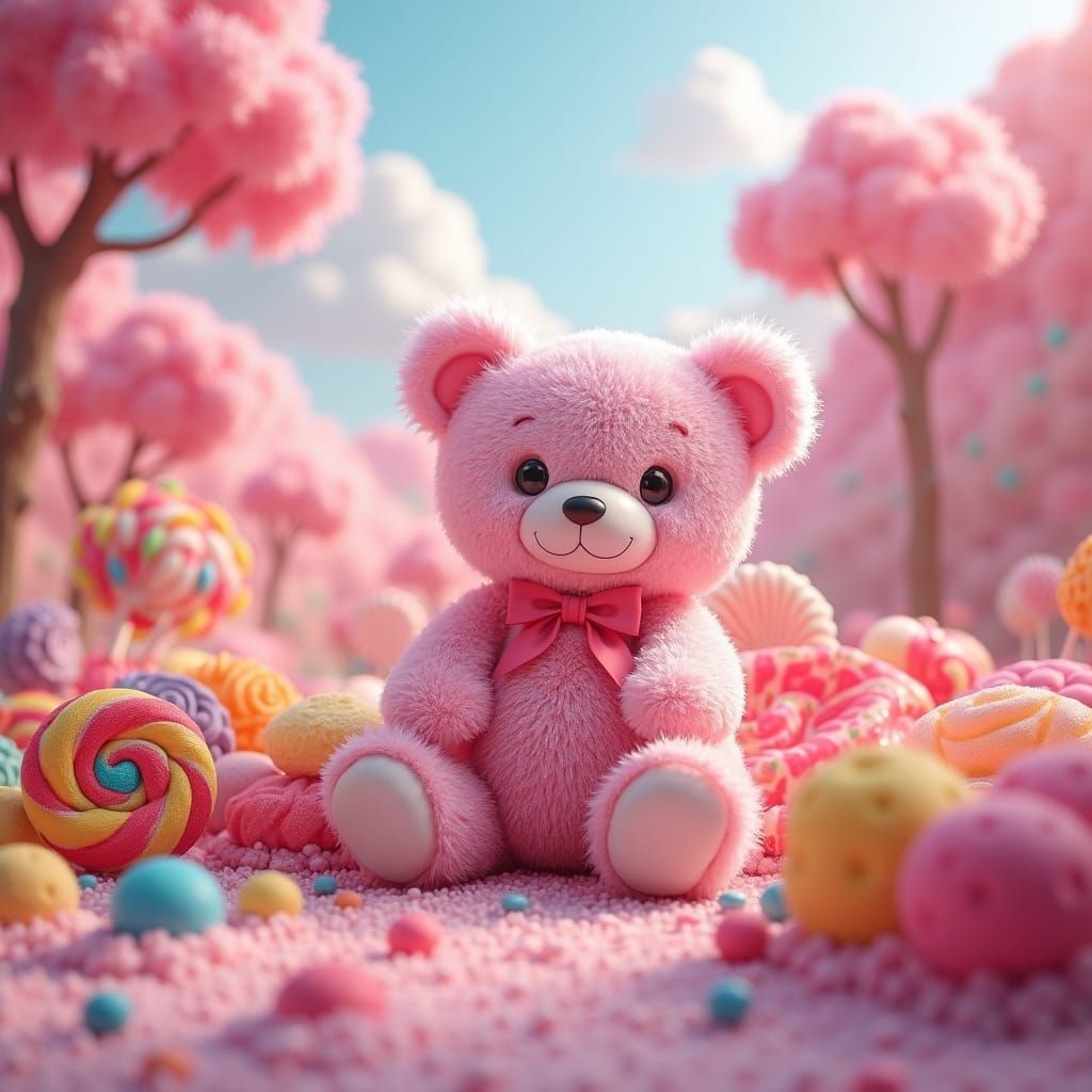 Whimsical Teddy Bear in Candy Dreamscape