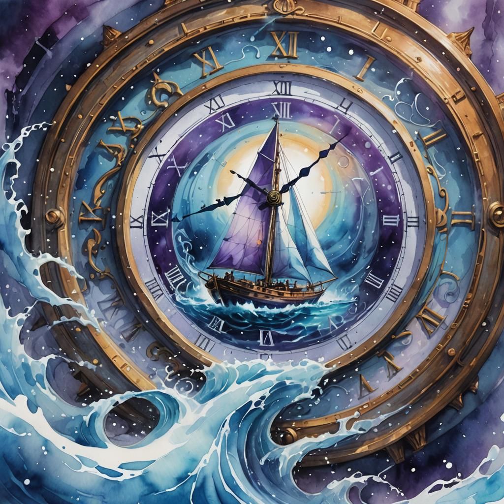 Surreal Sailboat Swallowed by Time Portal in Watercolor