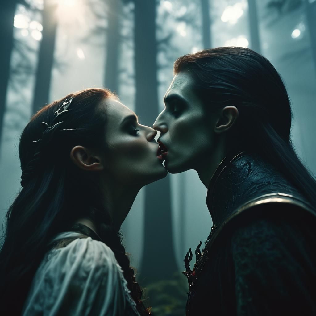 Elf Girl Kisses Vampire in Misty Forest