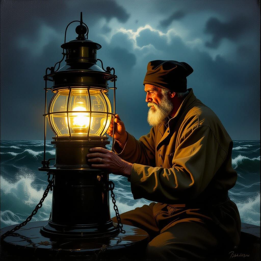 Lighthouse Keeper Polishing Lantern in Caravaggio Style