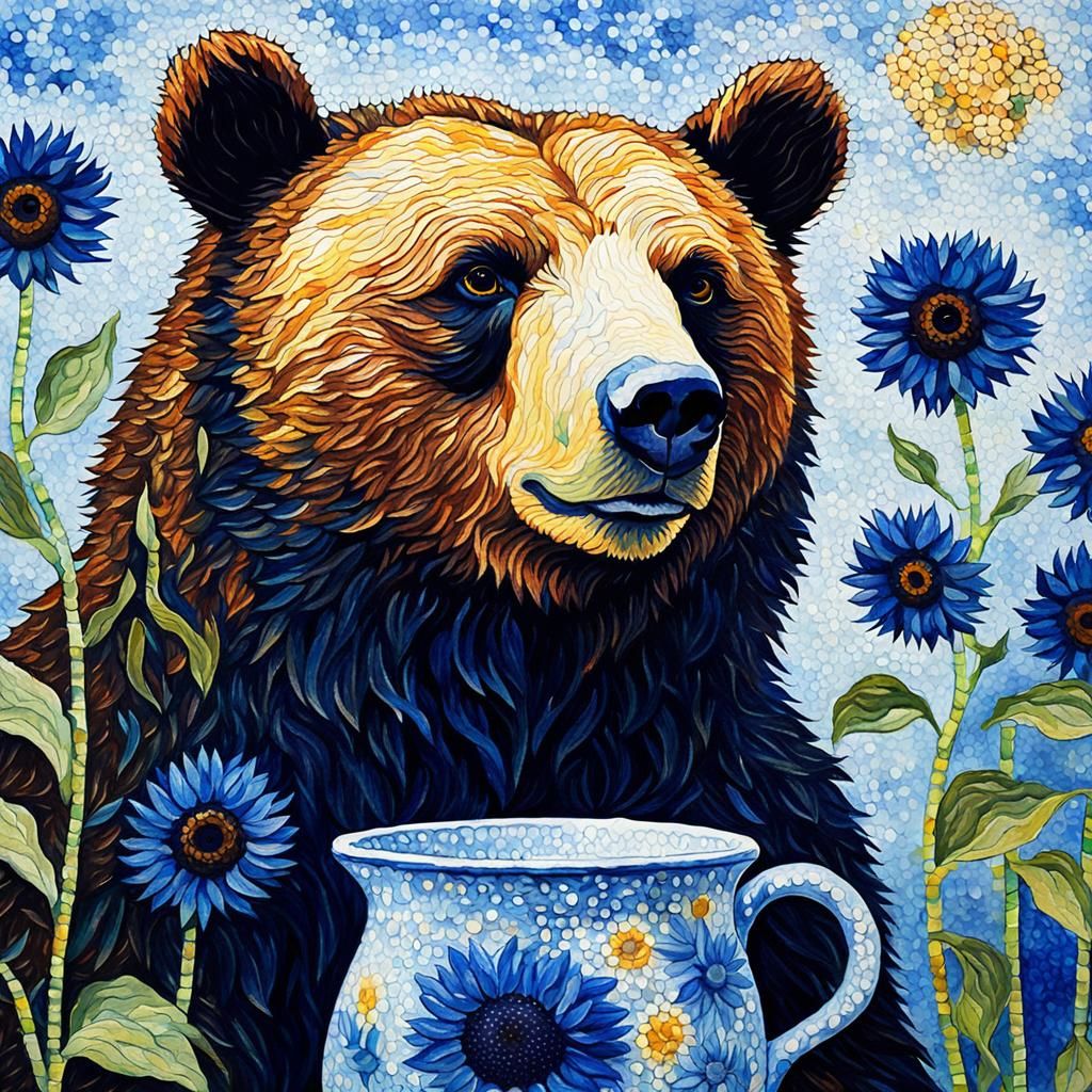 Pointillist Bear Portrait with Van Gogh Sunflowers