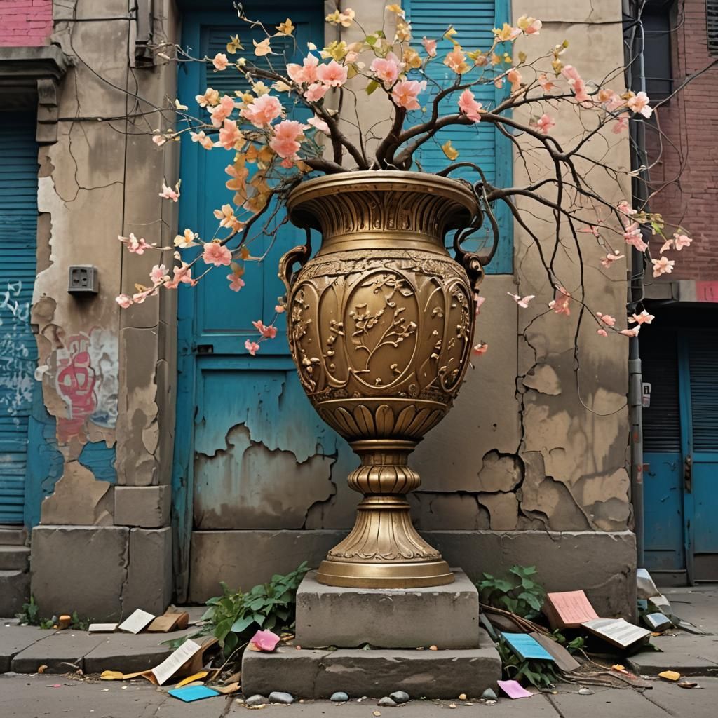 Golden Vase in Urban Alleyway: Graffiti Street Art