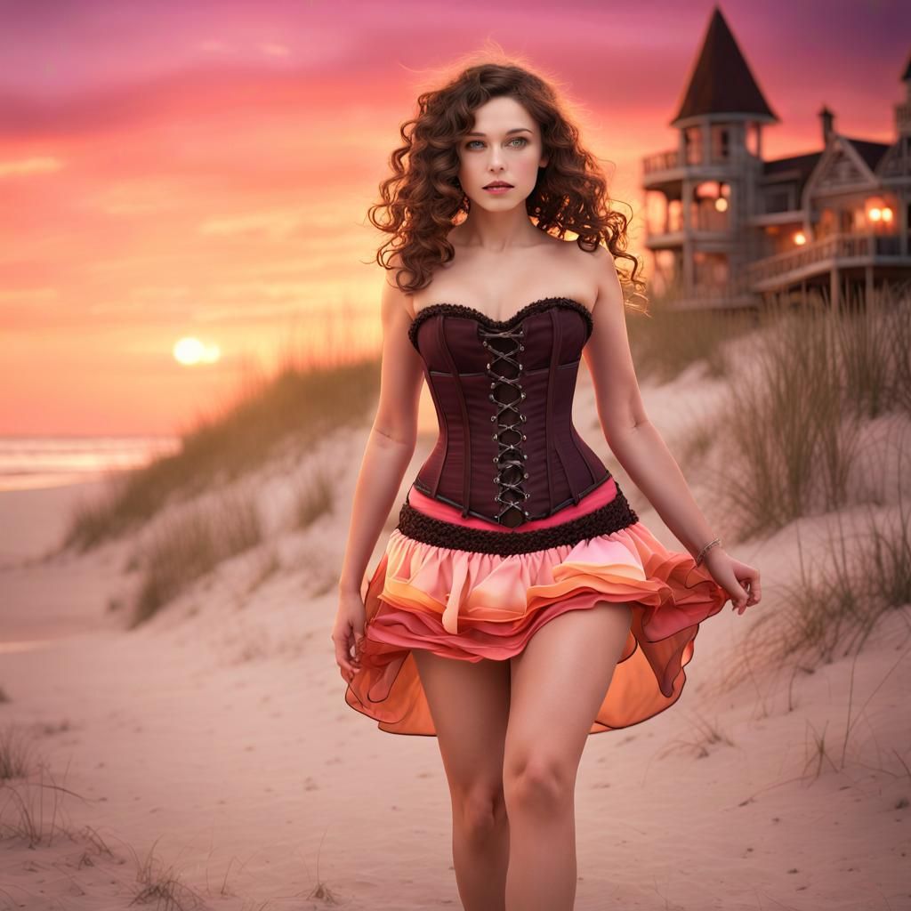Summer Witch at Beach Sunset in Detailed Matte Painting