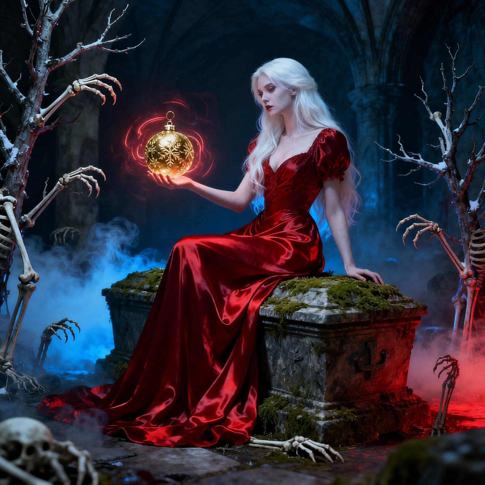 Gothic Aristocrat with Glowing Ornament in Crypt
